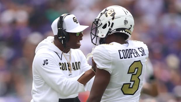Deion Sanders and Omarion Cooper 2023 Colorado vs TCU football USATSI_21339830